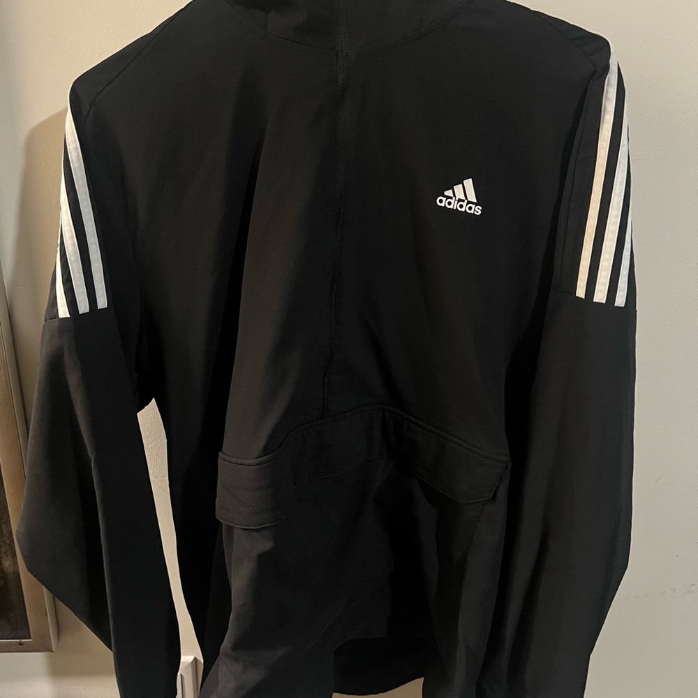 Adidas Men's Black Windbreaker with White Stripes